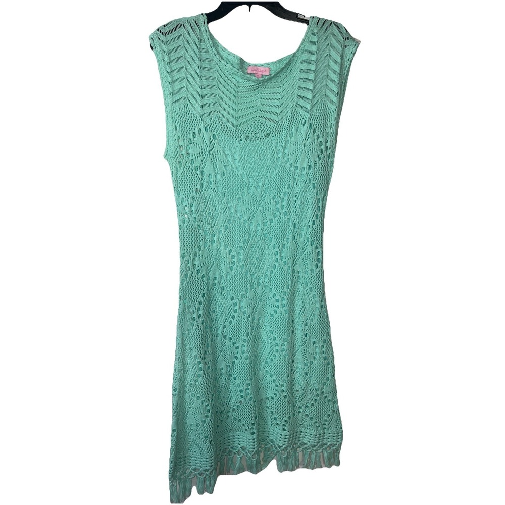 Lilly Pulitzer Turquoise Green Crochet Dress Fringed Hem W/Slip Size Med